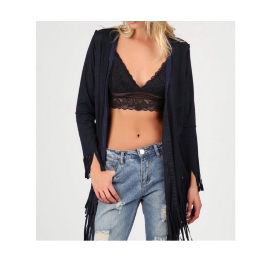 POL Cardigan Open Front Fringe Small Western Festival Faux Suede Witchy Boho